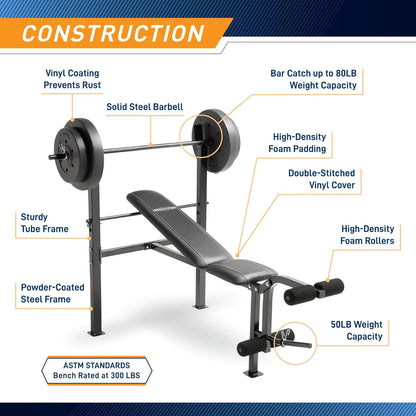 Standard Bench with 80Lbs to 100 Lbs Vinyl-Coated Weight Set for Strength Training Lifting for Home Gym